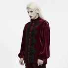 PUNK RAVE Men's Gothic Velvet Ruffled Mock Neck Lantern Sleeve Shirt Red