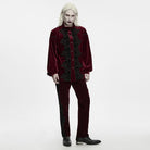 PUNK RAVE Men's Gothic Velvet Ruffled Mock Neck Lantern Sleeve Shirt Red