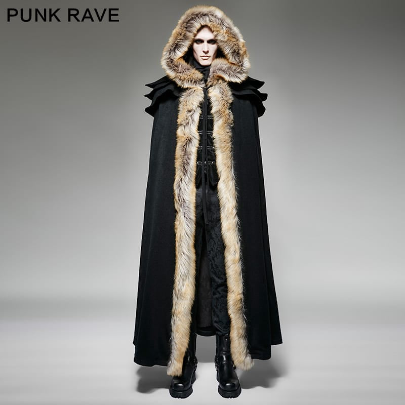 PUNK RAVE Men's Gothic Woolen Hooded Maxi Coat