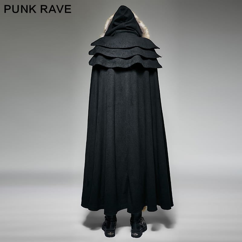 PUNK RAVE Men's Gothic Woolen Hooded Maxi Coat