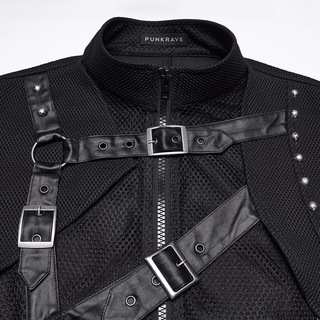 PUNK RAVE Men's Punk Asymmetric Buckle Straps Mesh Splice Vest