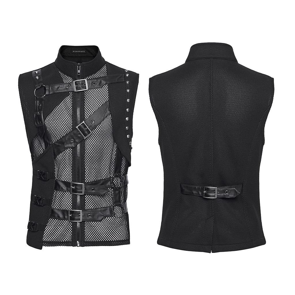 PUNK RAVE Men's Punk Asymmetric Buckle Straps Mesh Splice Vest