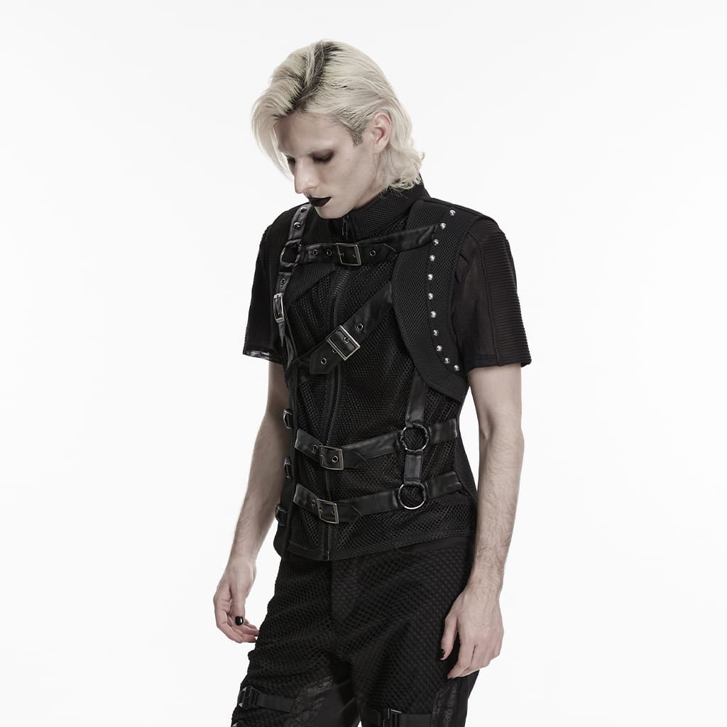 PUNK RAVE Men's Punk Asymmetric Buckle Straps Mesh Splice Vest