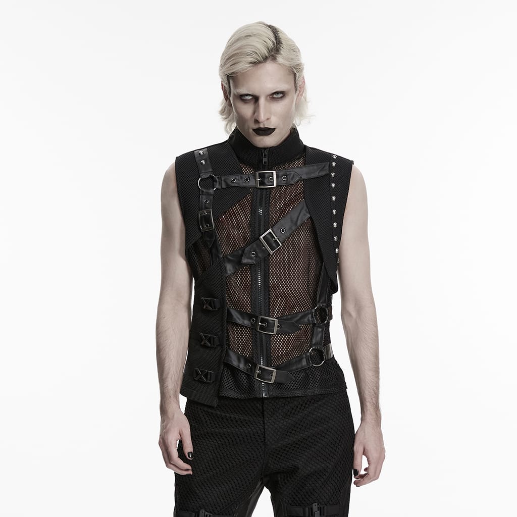 PUNK RAVE Men's Punk Asymmetric Buckle Straps Mesh Splice Vest