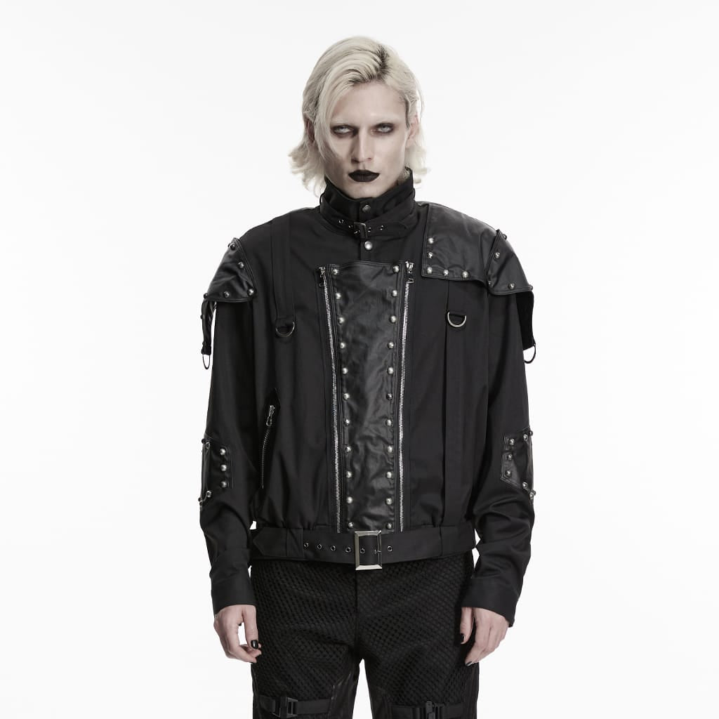 PUNK RAVE Men's Punk Asymmetric Patchwork Rivets Jacket
