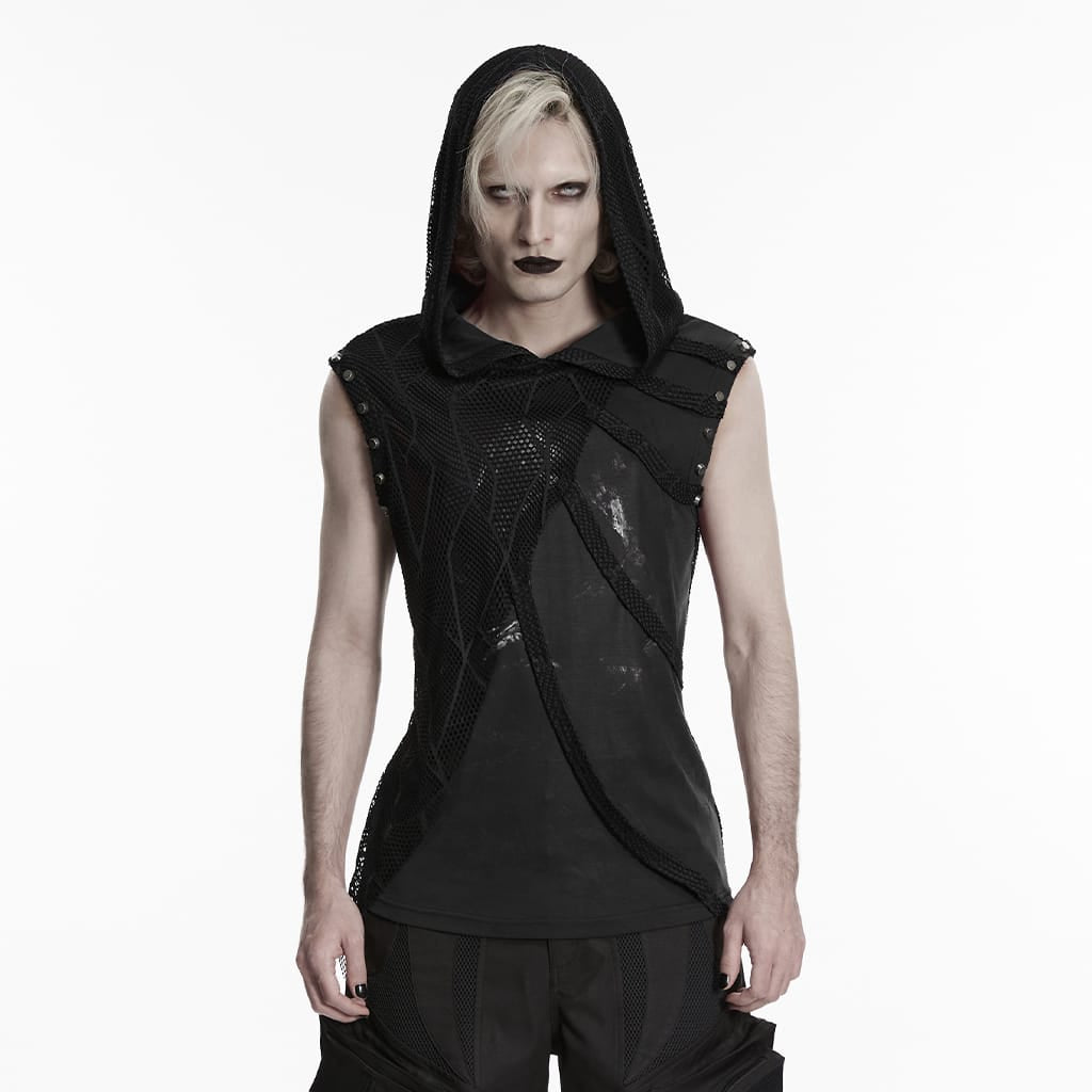 PUNK RAVE Men's Punk Asymmetric Printed Hooded Tank Top Black