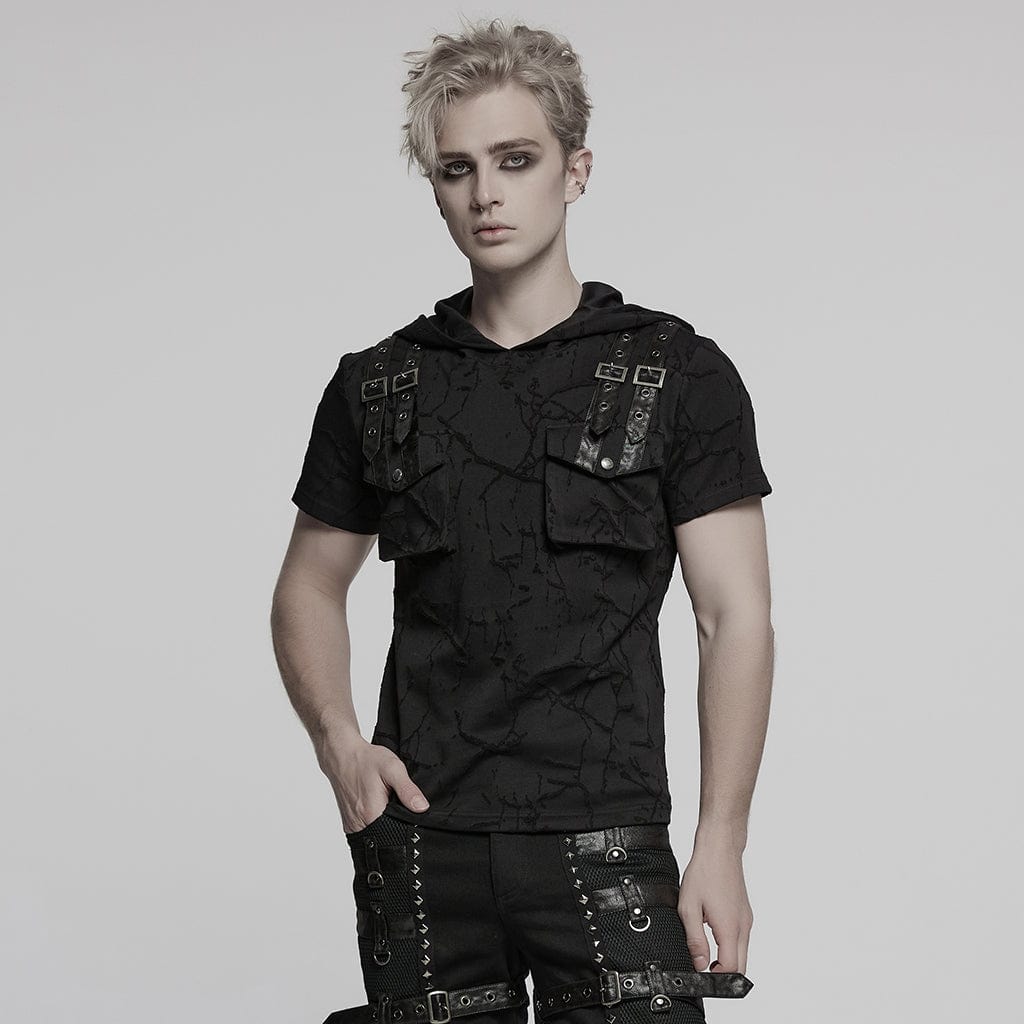 PUNK RAVE Men's Punk Big-pocket Buckle Strap Hooded T-shirt