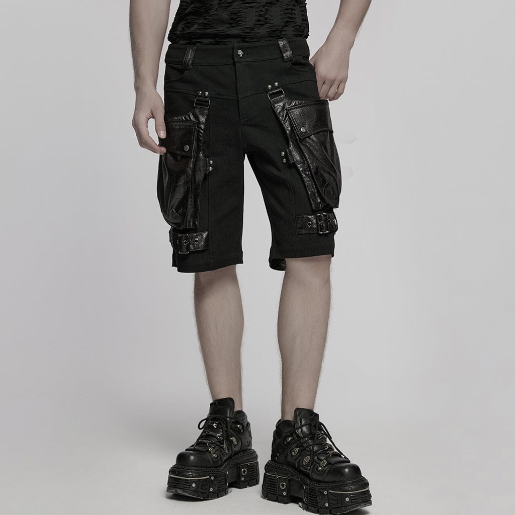 PUNK RAVE Men's Punk Big-pocket Faux Leather Splice Shorts
