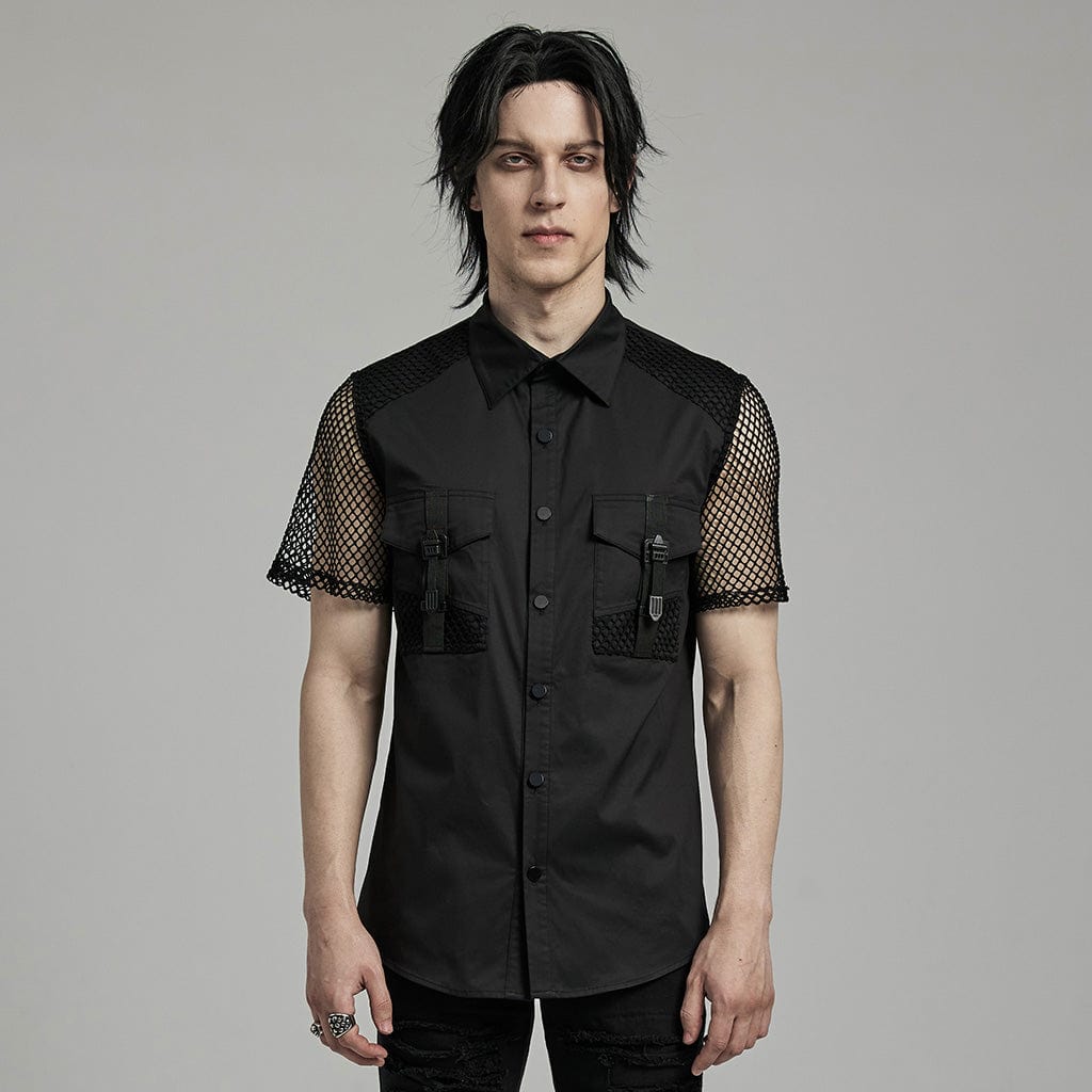 PUNK RAVE Men's Punk Big-pocket Mesh Splice Shirt