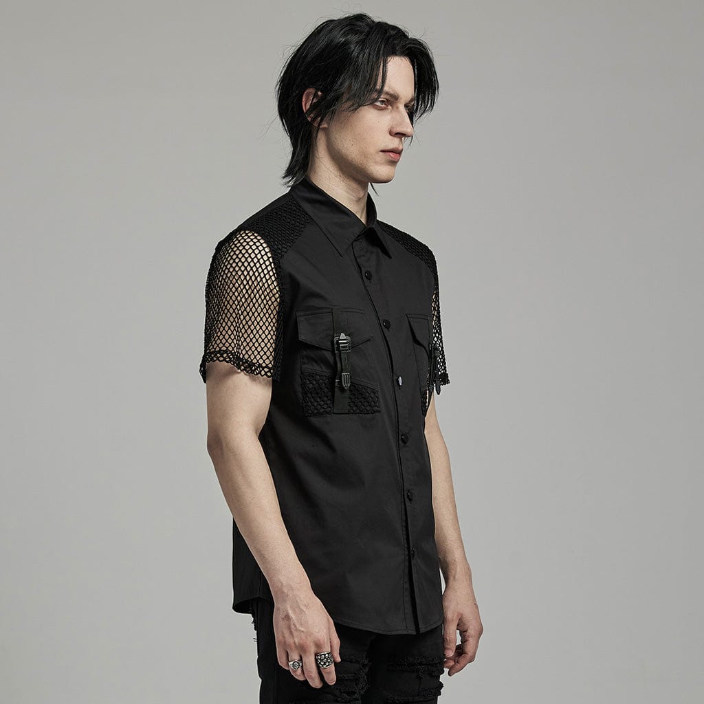 PUNK RAVE Men's Punk Big-pocket Mesh Splice Shirt