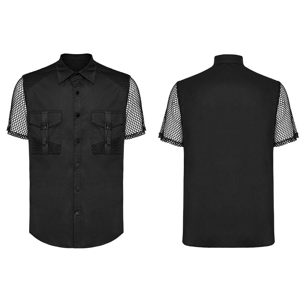 PUNK RAVE Men's Punk Big-pocket Mesh Splice Shirt