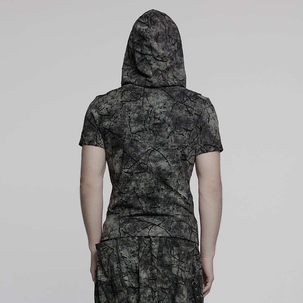PUNK RAVE Men's Punk Big-pocket Tie-dyed Hooded T-shirt