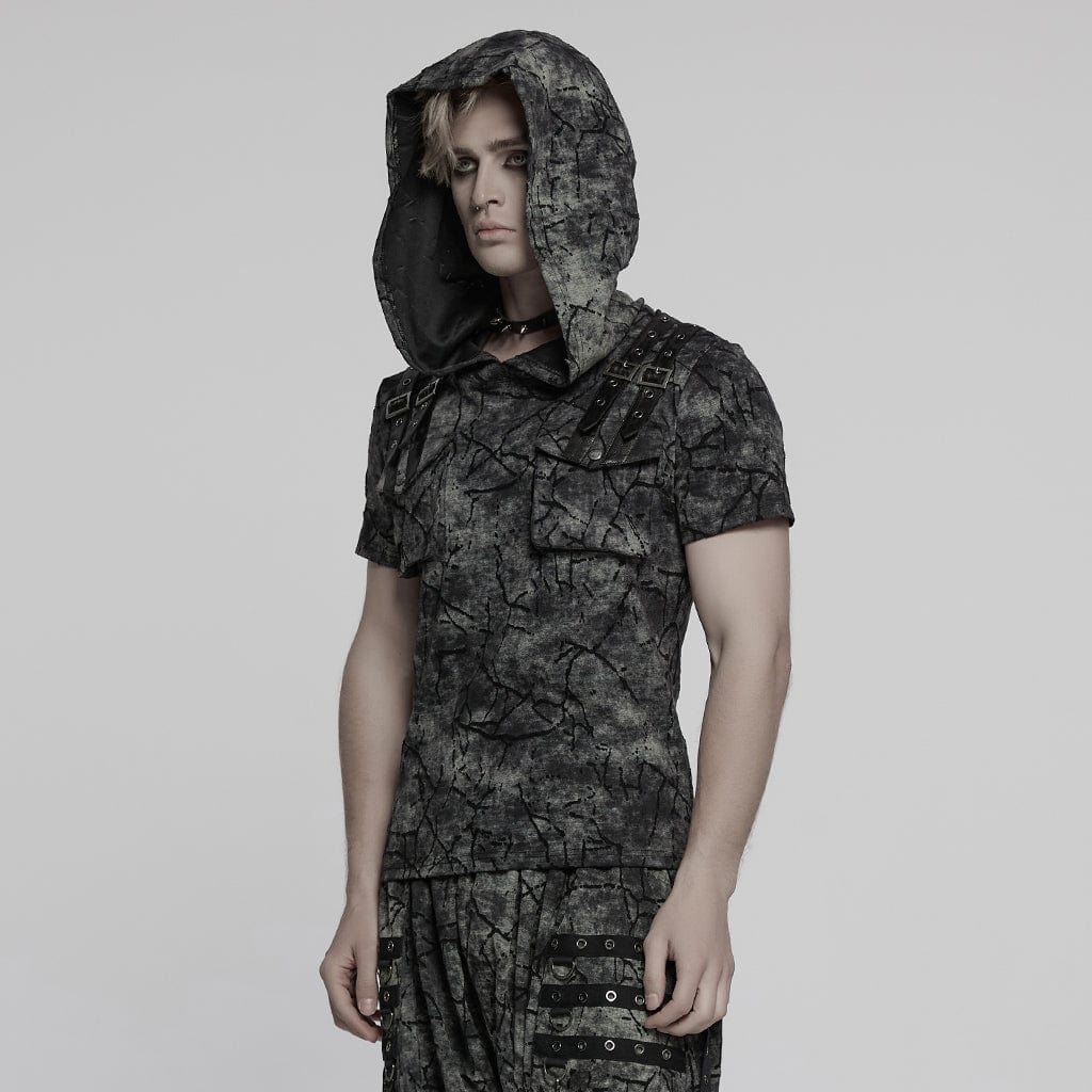 PUNK RAVE Men's Punk Big-pocket Tie-dyed Hooded T-shirt
