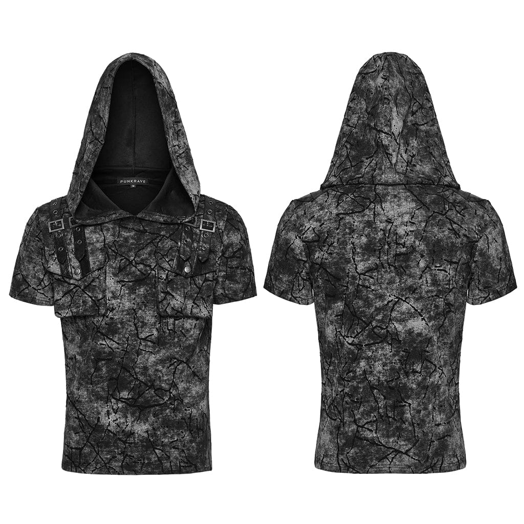 PUNK RAVE Men's Punk Big-pocket Tie-dyed Hooded T-shirt