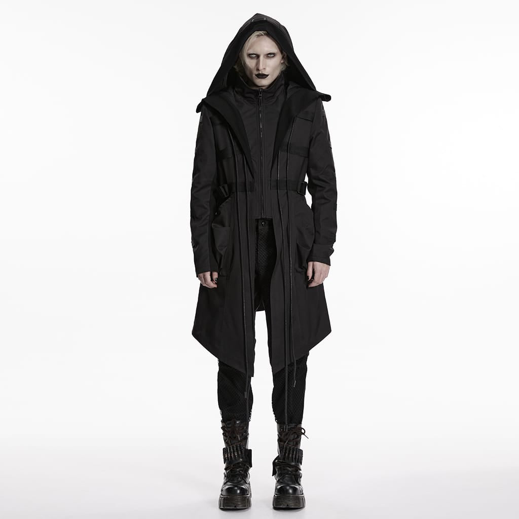 PUNK RAVE Men's Punk Big Pockets Strappy Hooded Jacket