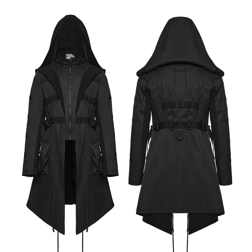 PUNK RAVE Men's Punk Big Pockets Strappy Hooded Jacket