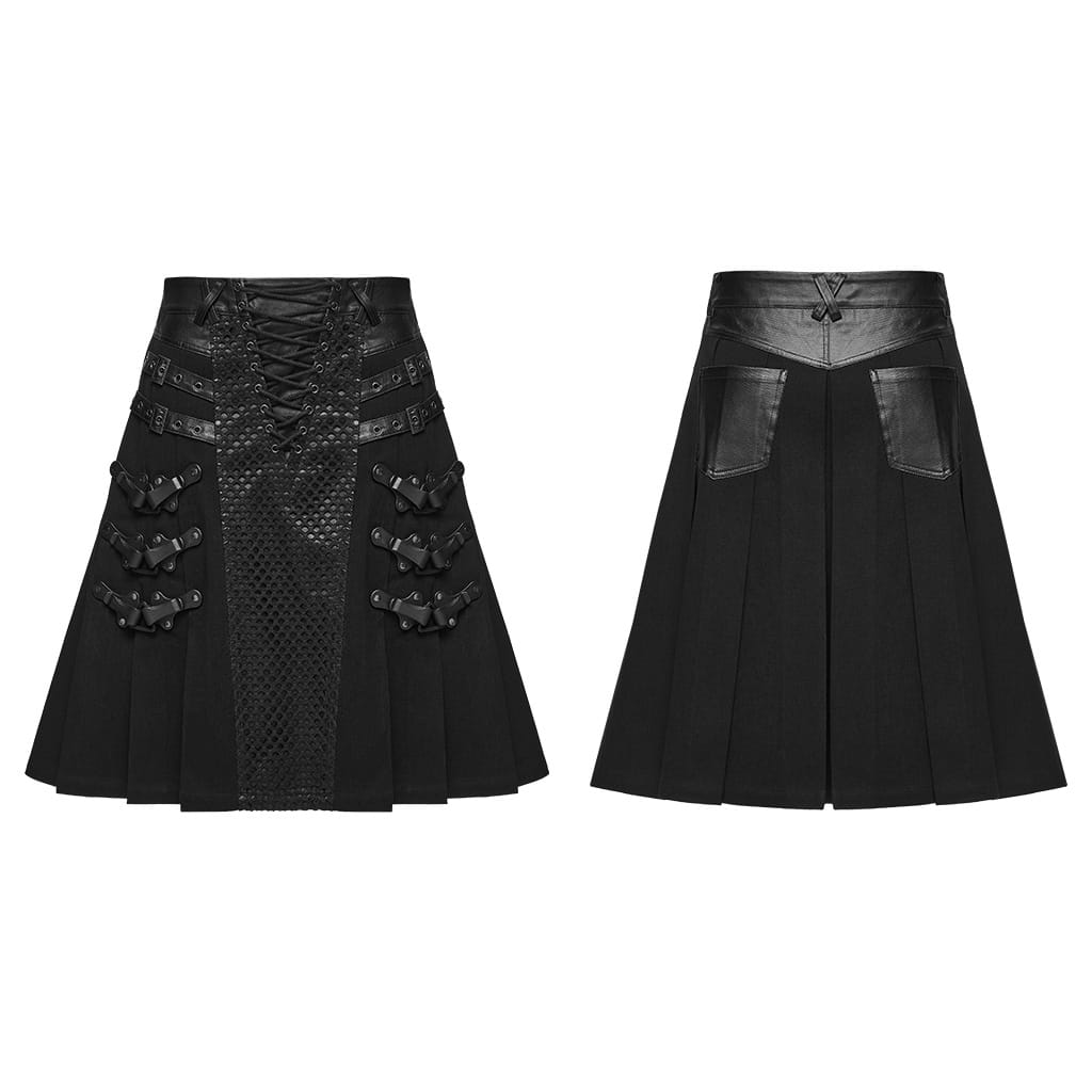 PUNK RAVE Men's Punk Buckle Strap Pleated Patchwork Skirt