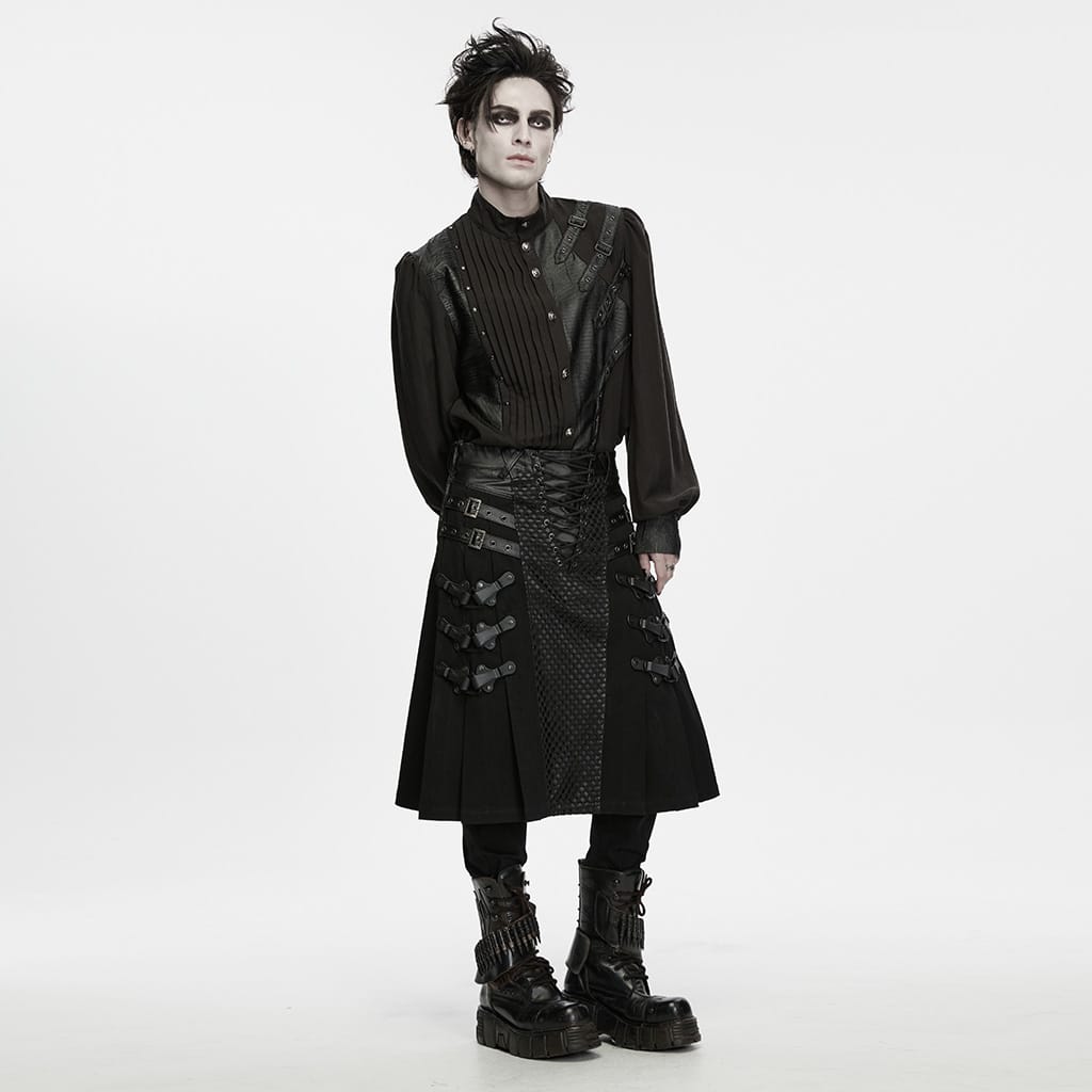 PUNK RAVE Men's Punk Buckle Strap Pleated Patchwork Skirt