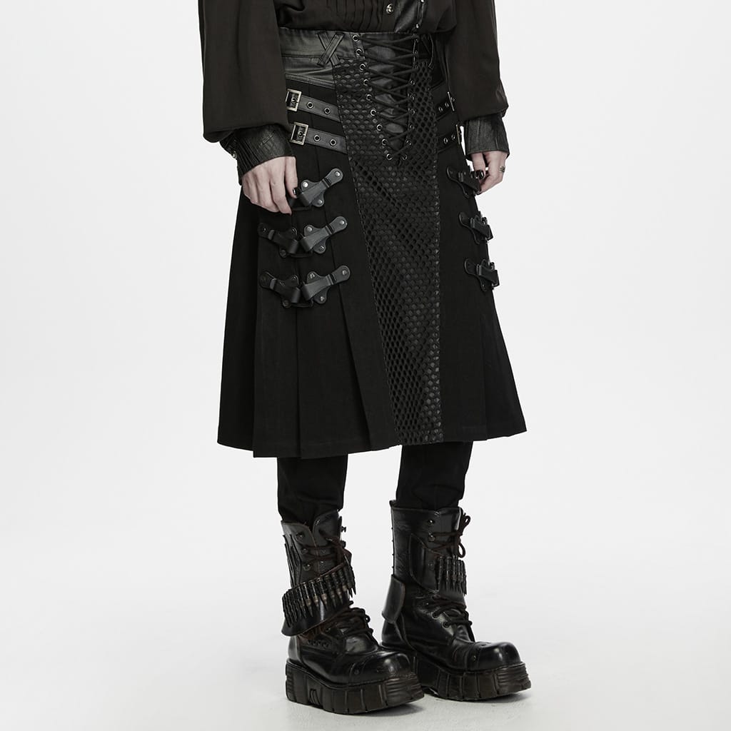 PUNK RAVE Men's Punk Buckle Strap Pleated Patchwork Skirt
