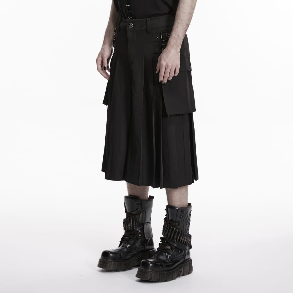 PUNK RAVE Men's Punk Buckle Straps Big Pockets Pleated Pants Black