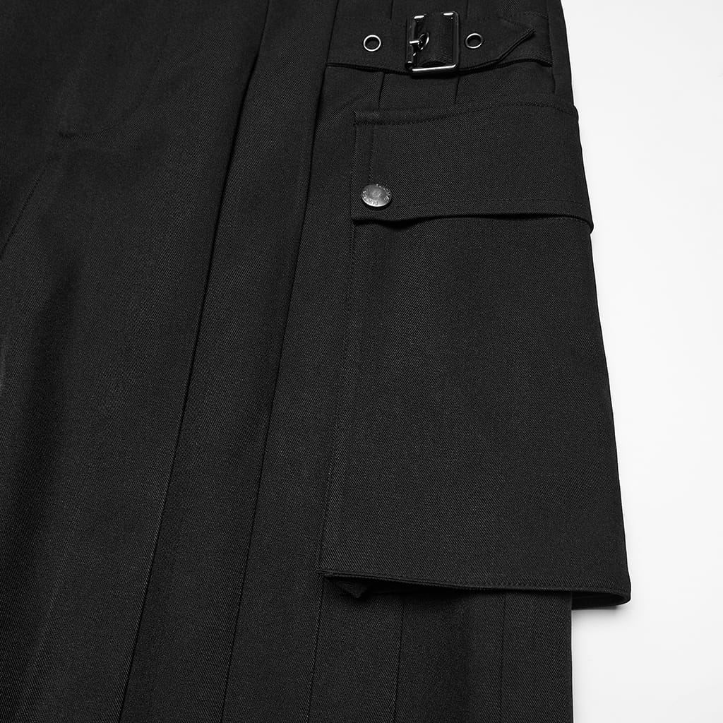 PUNK RAVE Men's Punk Buckle Straps Big Pockets Pleated Pants Black