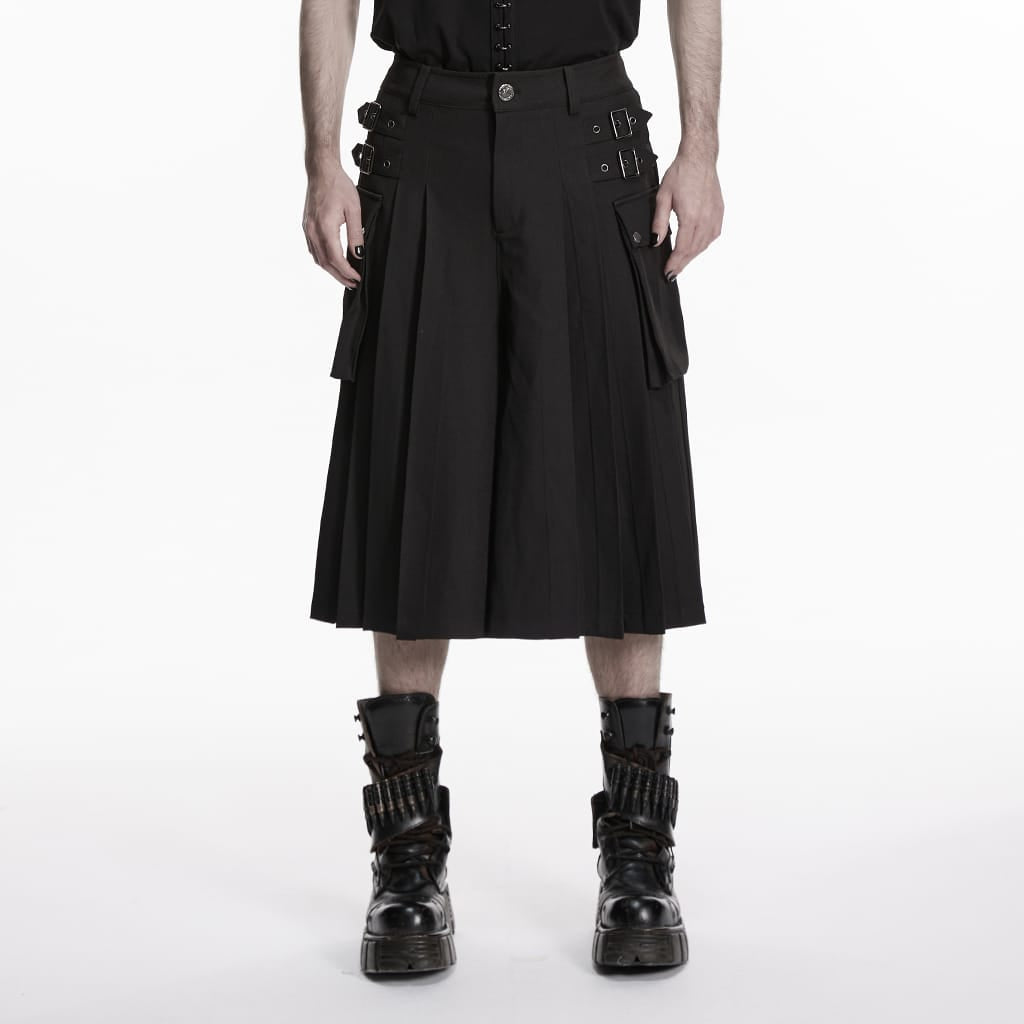 PUNK RAVE Men's Punk Buckle Straps Big Pockets Pleated Pants Black