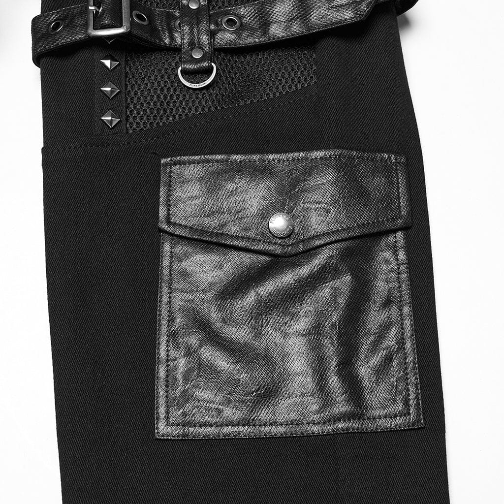PUNK RAVE Men's Punk Buckle Straps Studded Mesh Splice Pants