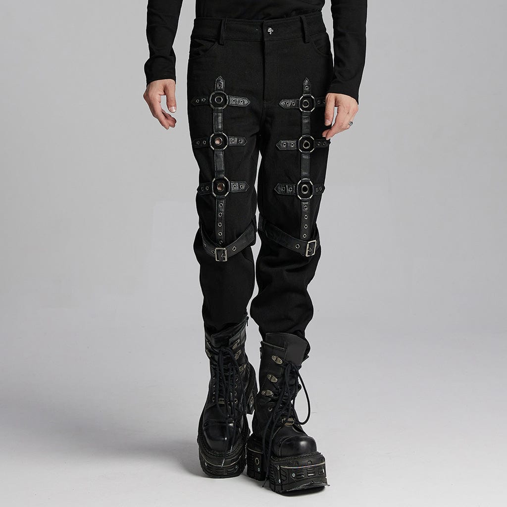 PUNK RAVE Men's Punk Buckle-up Eyelets Ring Pants