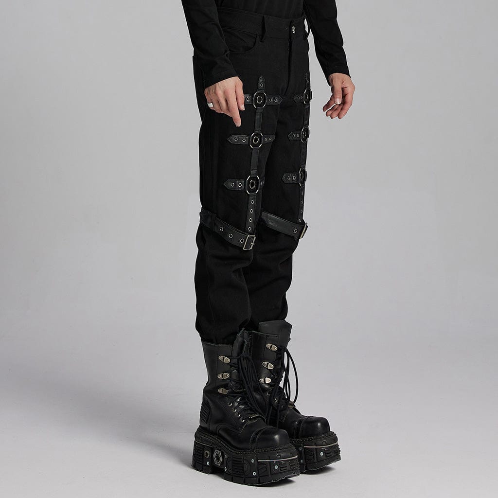 PUNK RAVE Men's Punk Buckle-up Eyelets Ring Pants