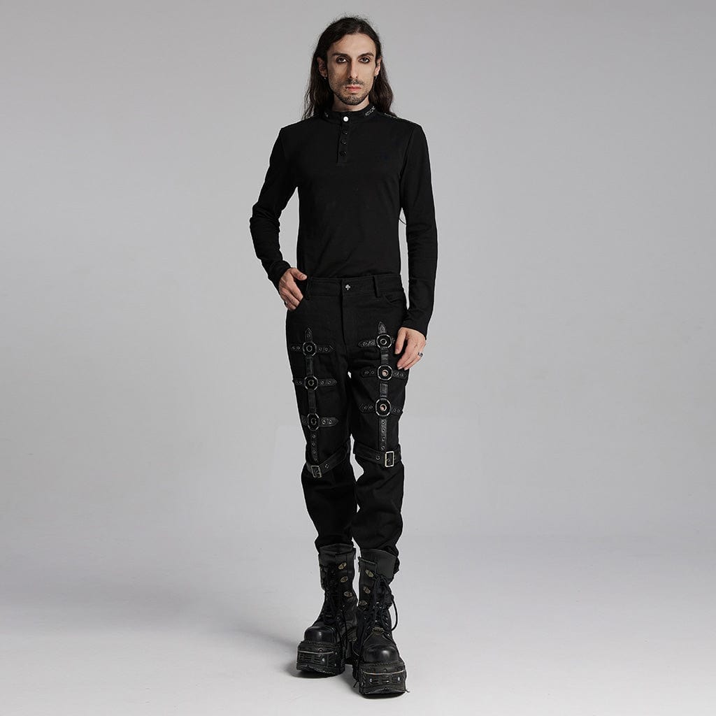 PUNK RAVE Men's Punk Buckle-up Eyelets Ring Pants