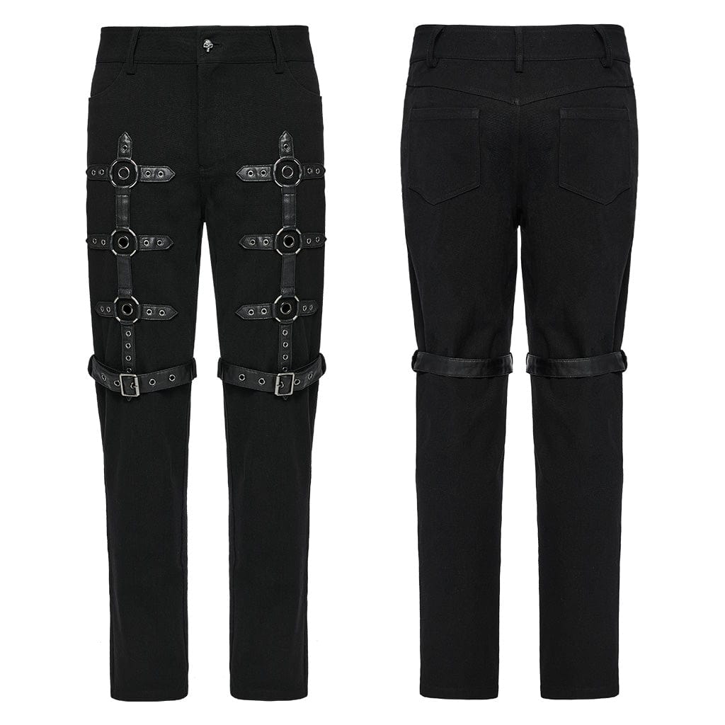 PUNK RAVE Men's Punk Buckle-up Eyelets Ring Pants