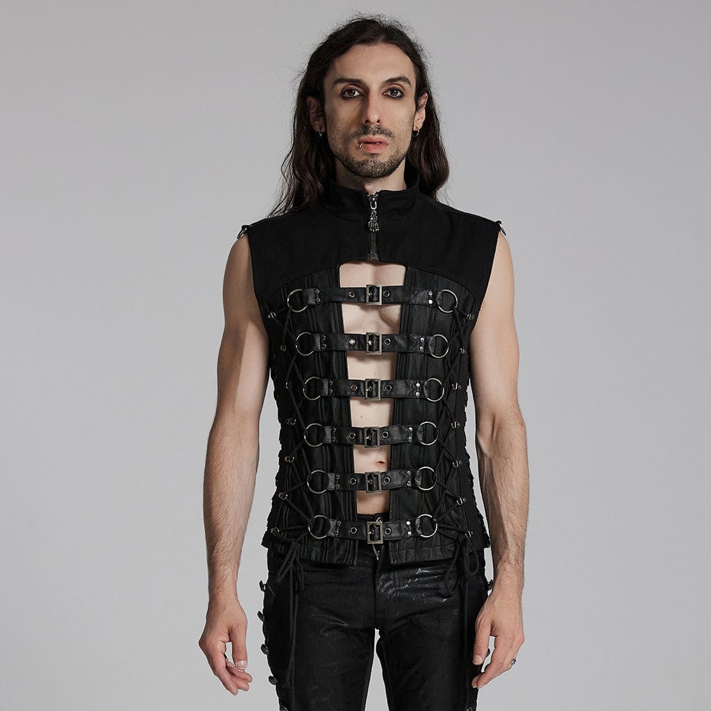 PUNK RAVE Men's Punk Buckle-up Spaghetti Strap Vest