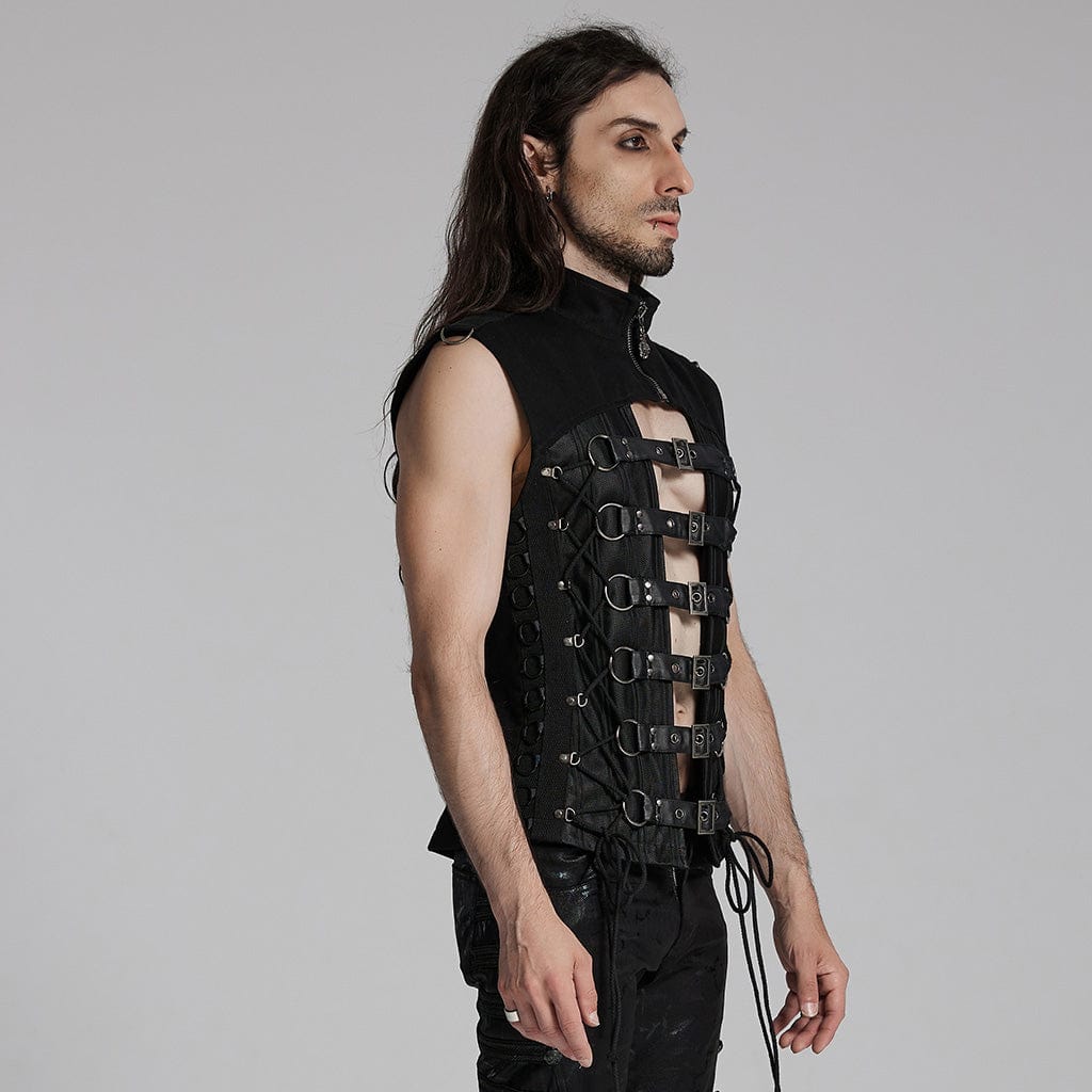 PUNK RAVE Men's Punk Buckle-up Spaghetti Strap Vest