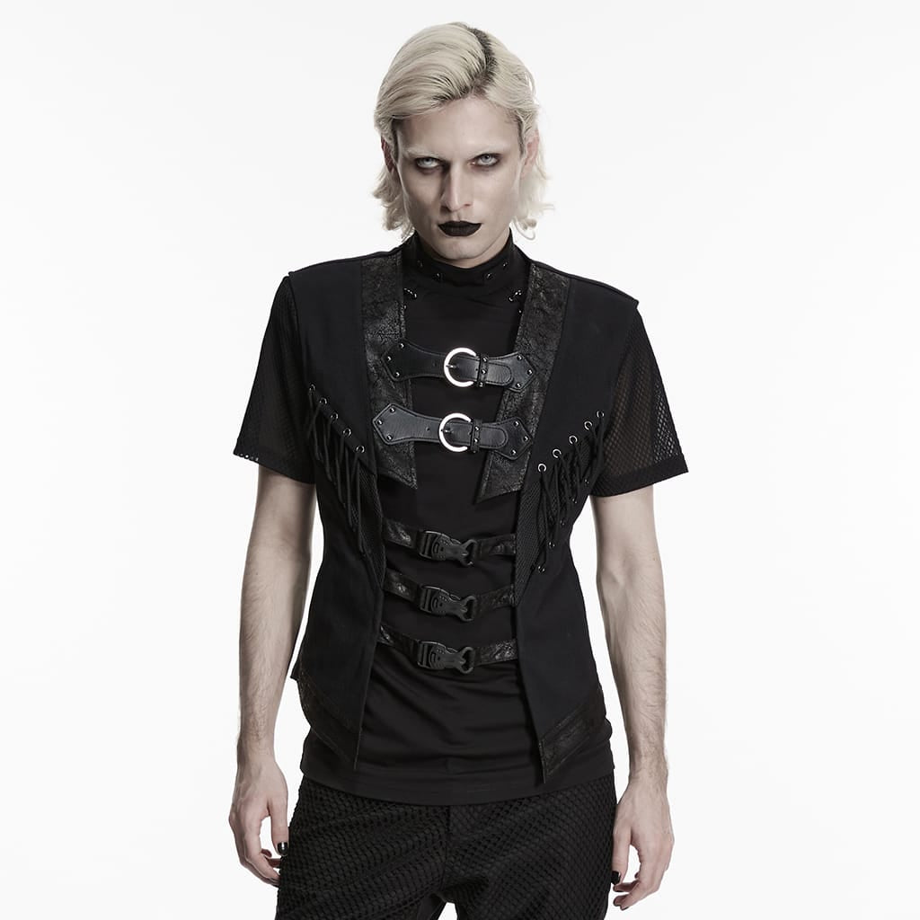 PUNK RAVE Men's Punk Buckle-up Straps Cutout Vest