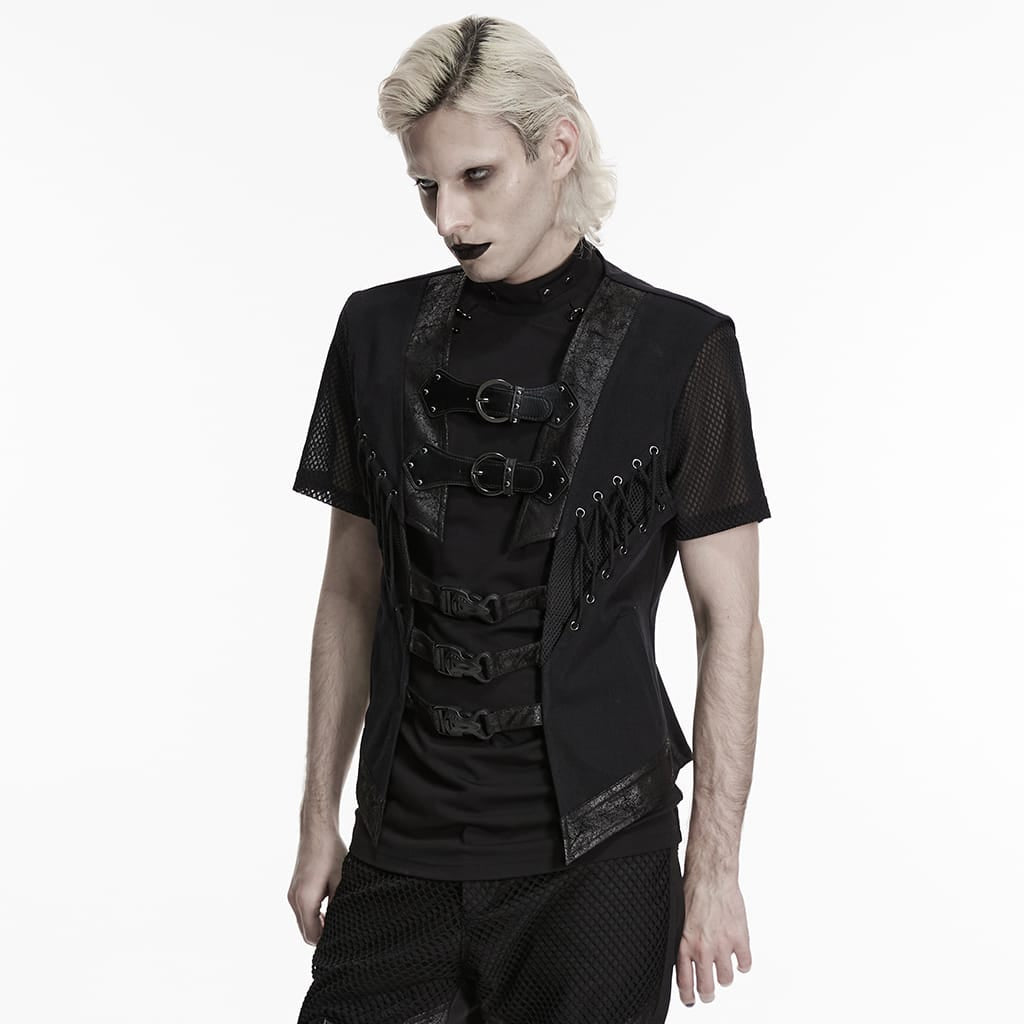 PUNK RAVE Men's Punk Buckle-up Straps Cutout Vest