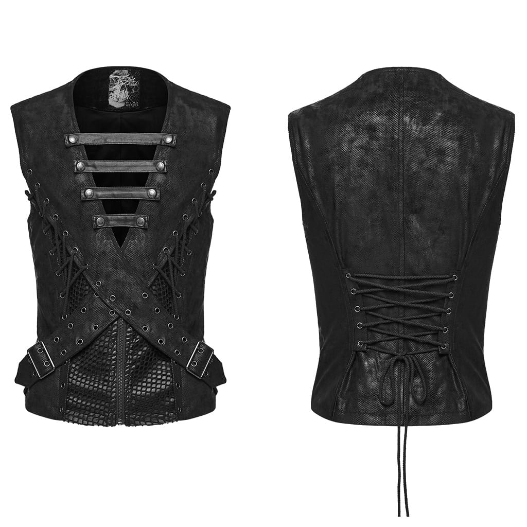 PUNK RAVE Men's Punk Cross-Structure Eyelet Buckle Strap Lace-up Vest