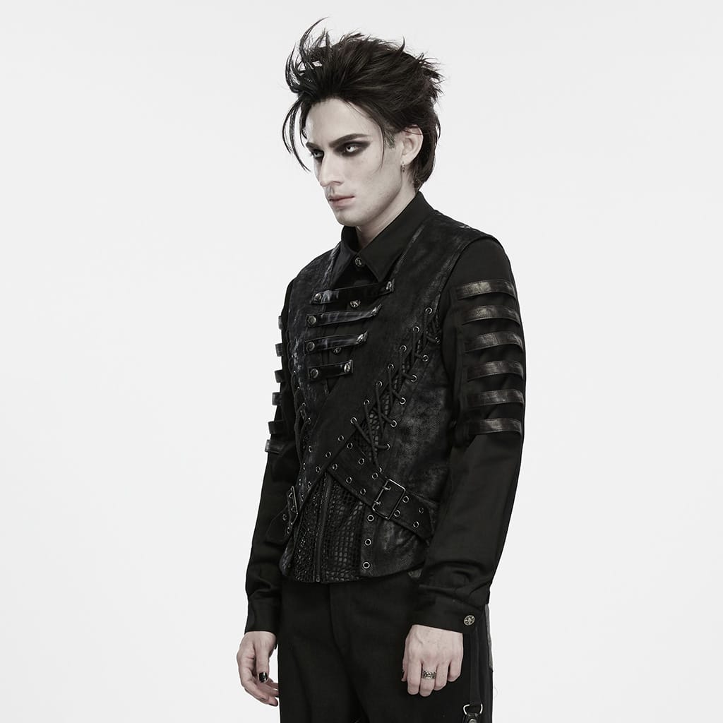 PUNK RAVE Men's Punk Cross-Structure Eyelet Buckle Strap Lace-up Vest