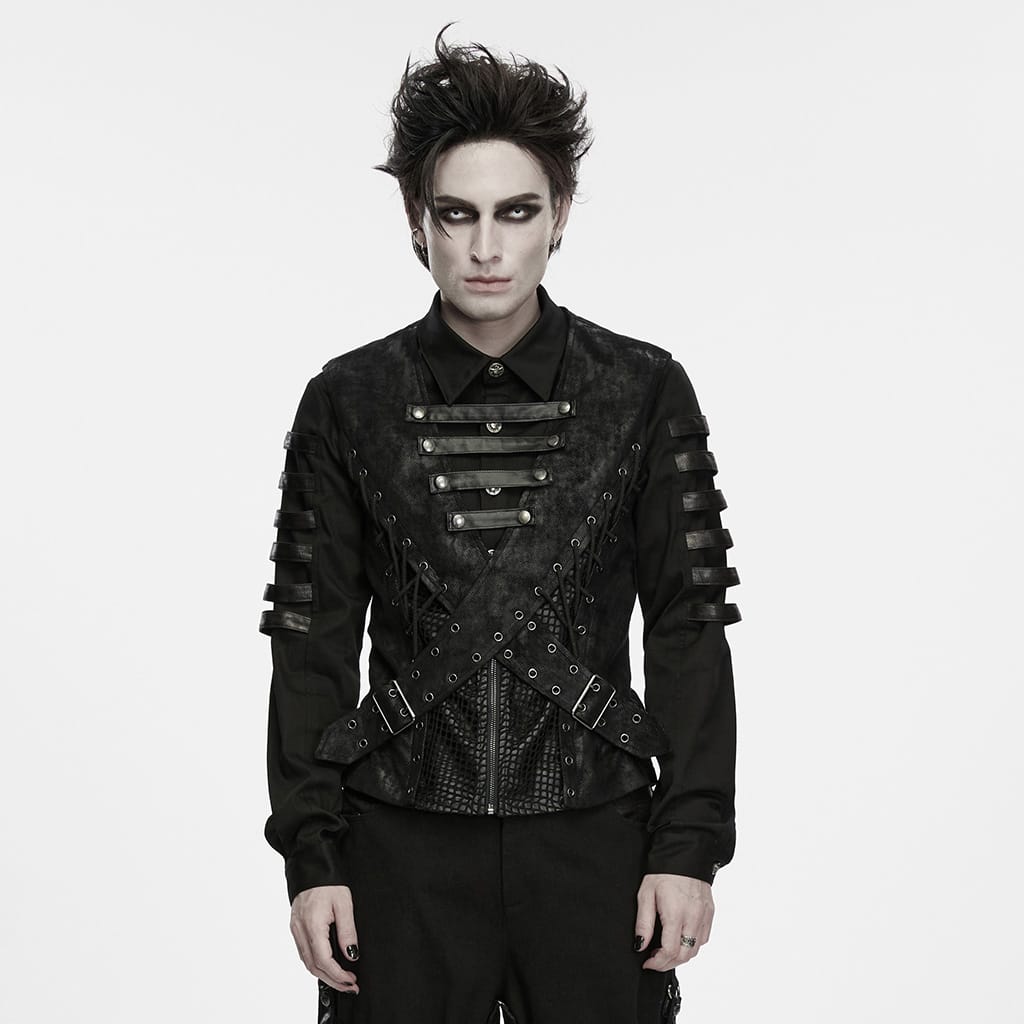 PUNK RAVE Men's Punk Cross-Structure Eyelet Buckle Strap Lace-up Vest