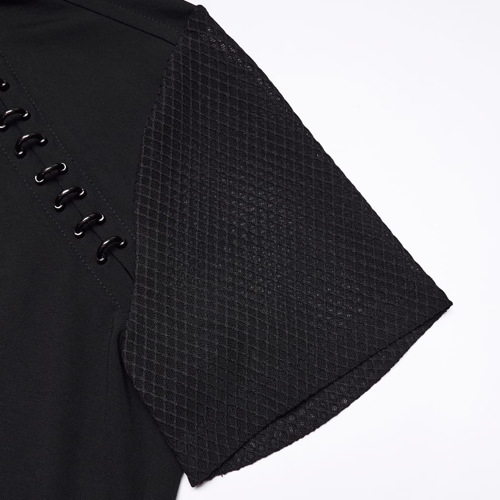 PUNK RAVE Men's Punk D-rings Mesh Splice Short Sleeved Top