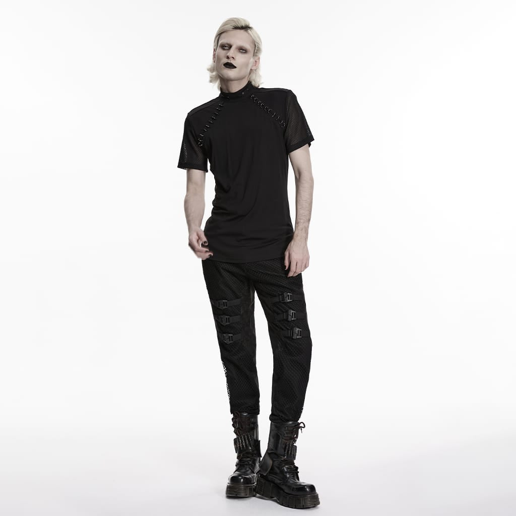 PUNK RAVE Men's Punk D-rings Mesh Splice Short Sleeved Top