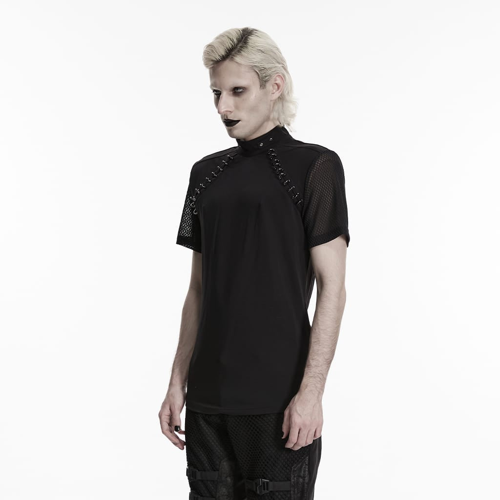 PUNK RAVE Men's Punk D-rings Mesh Splice Short Sleeved Top