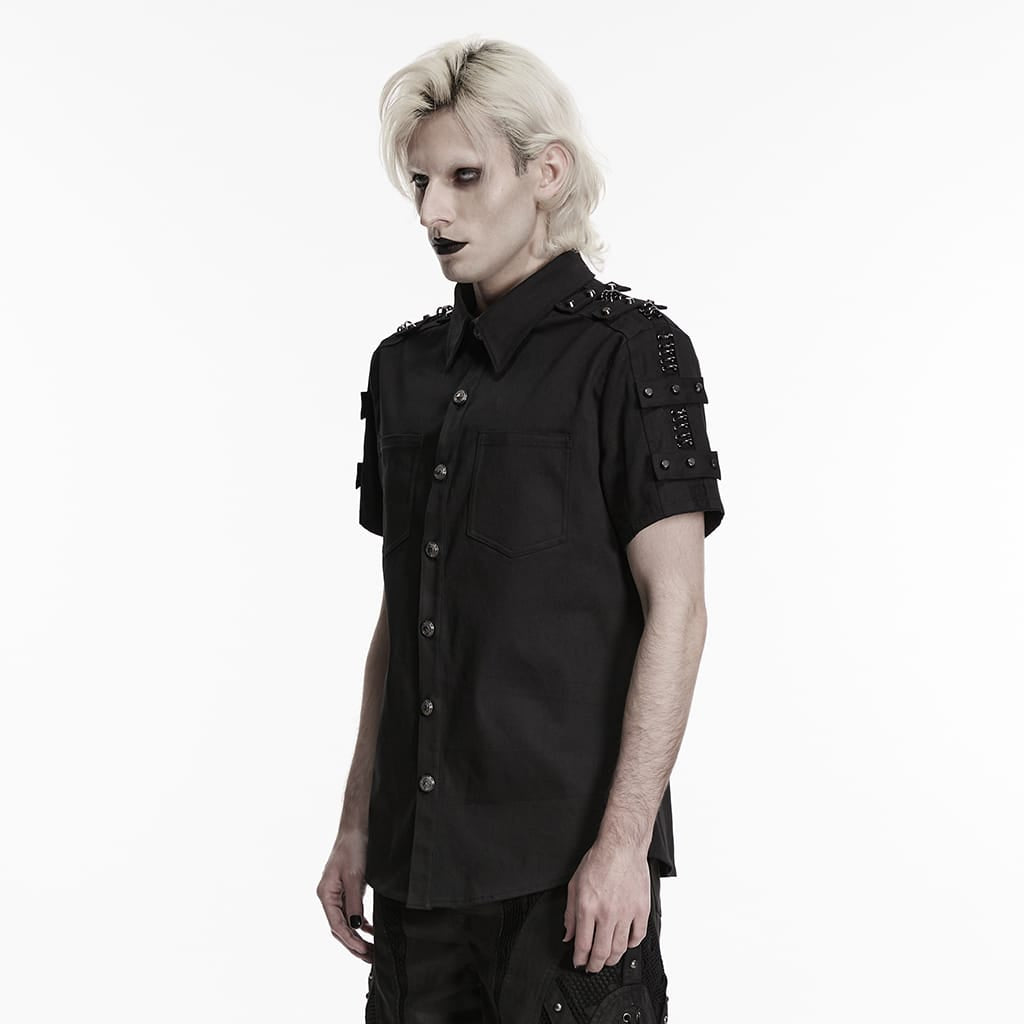 PUNK RAVE Men's Punk D-rings Rivets Short Sleeved Shirt