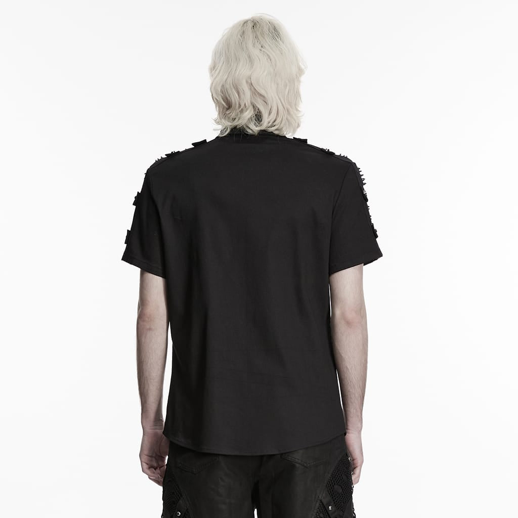 PUNK RAVE Men's Punk D-rings Rivets Short Sleeved Shirt