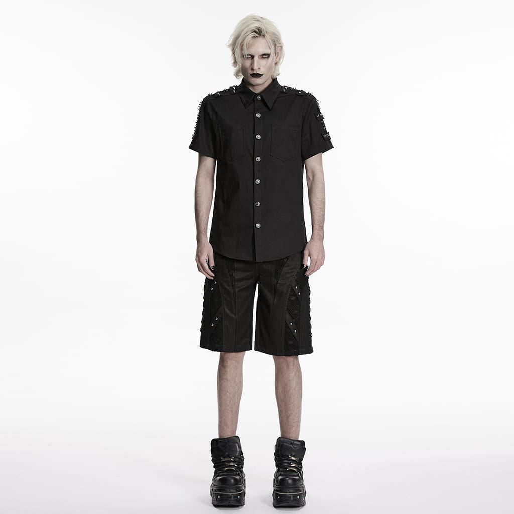 PUNK RAVE Men's Punk D-rings Rivets Short Sleeved Shirt