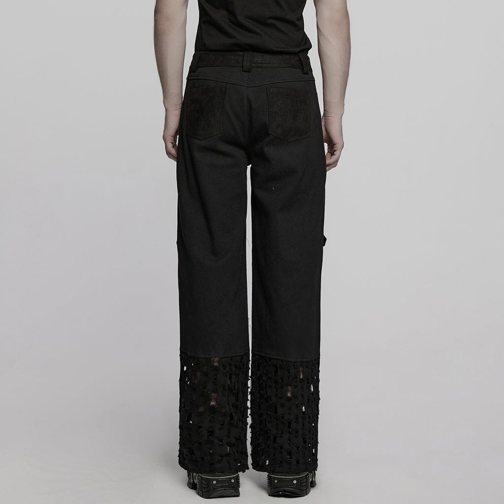 PUNK RAVE Men's Punk Eyelet Ripped Straight Pants