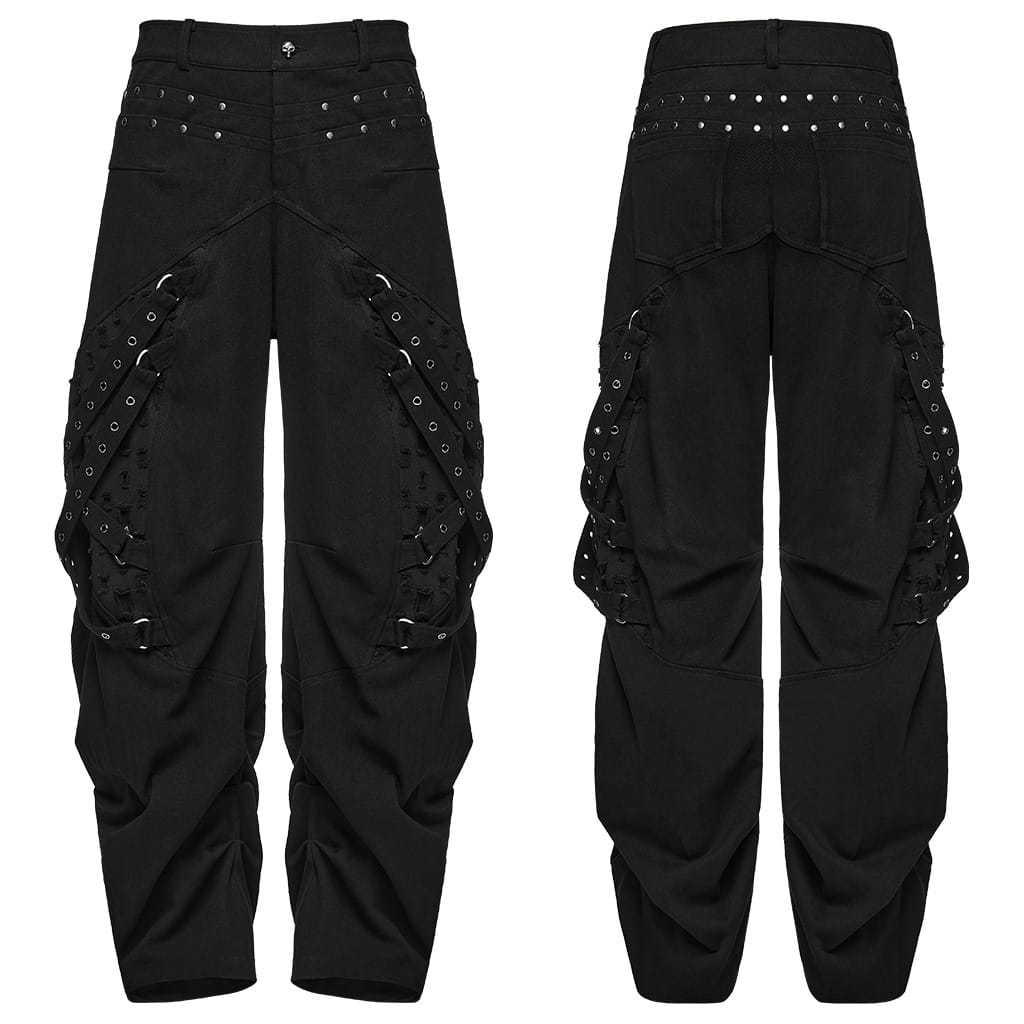 PUNK RAVE Men's Punk Eyelet Strap Studded Ruched Loose Pants