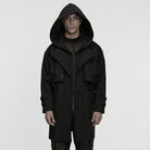 PUNK RAVE Men's Punk Eyelet Turn-down Collar Hooded Jacket