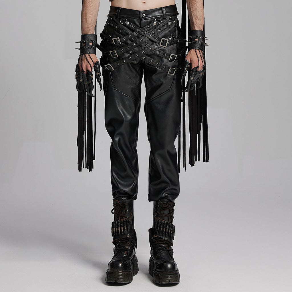 PUNK RAVE Men's Punk Eyelets Buckle-up Strap Pants