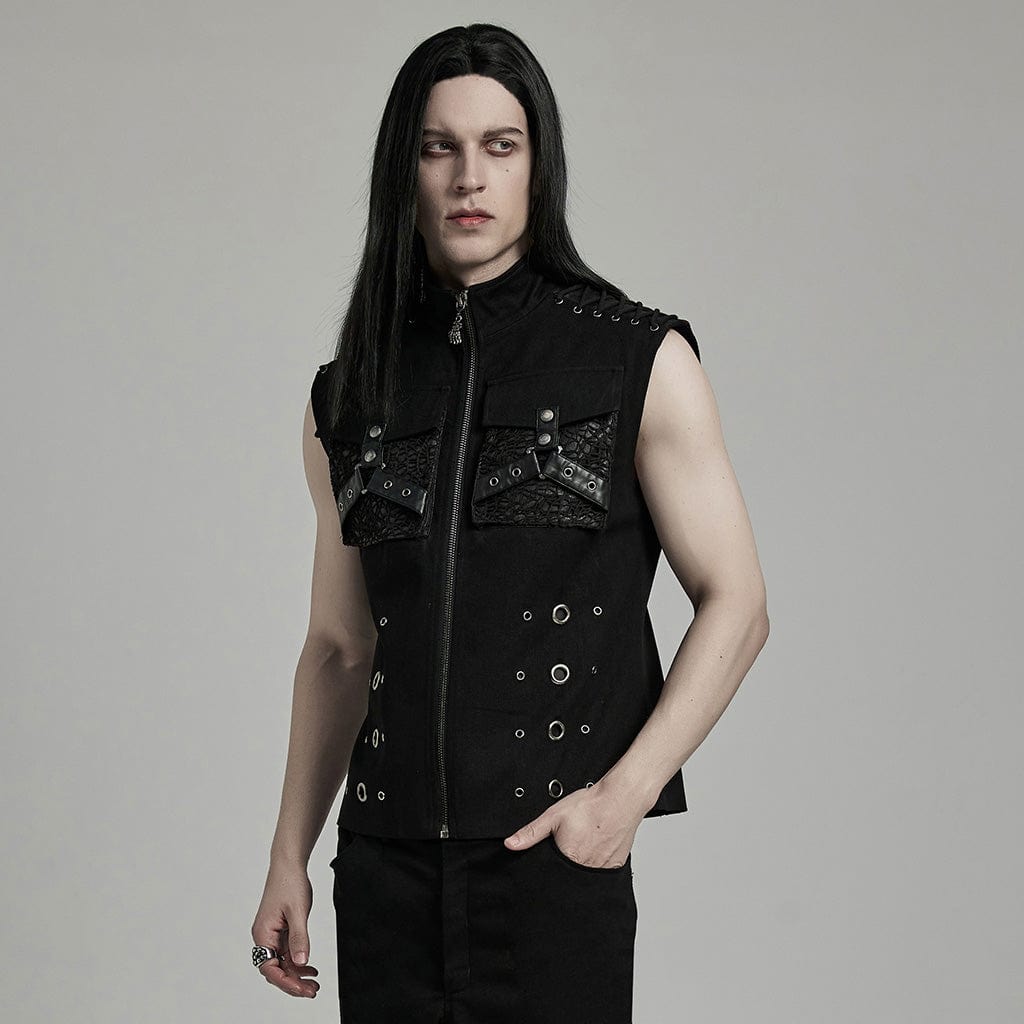 PUNK RAVE Men's Punk Faux Leather Big-pocket Eyelets Vest