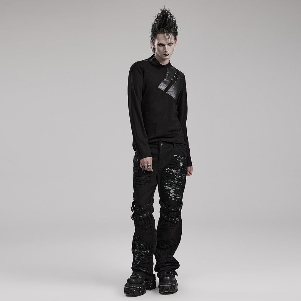 PUNK RAVE Men's Punk Faux Leather Splice Shirt